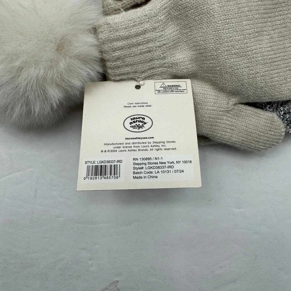 Laura Ashley Hat & Mittens Set Girls‎ 12-24M Beige Silver Heart Pom Beanie NWT